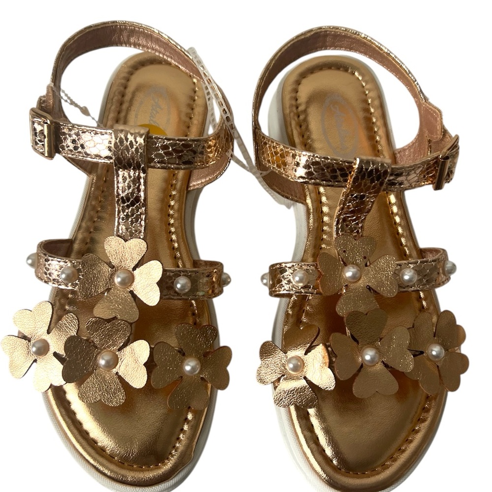 Atalina Little Girl’s Classy Gold T-Strap Sandals with Petal Accents Size 3 NWOT